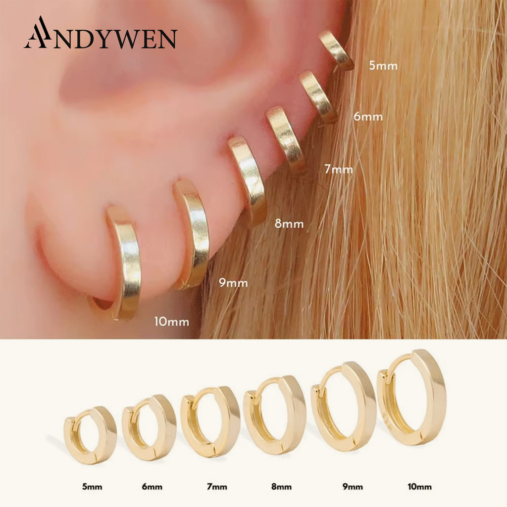 ANDYWEN 925 Sterling Silver Gold Plain 5mm 6mm 7mm 8mm 9mm 10mm Huggies Piercing Clips Hoop Luxury