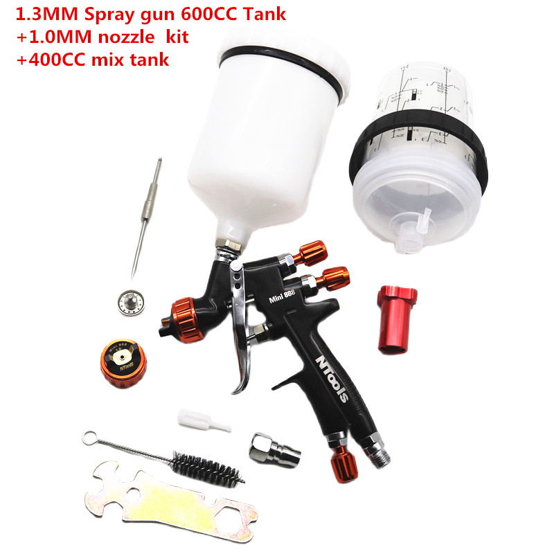 Pistol Semprot 1.3MM dengan Kit Nosel 1.0MM 600CC/400CC Tangki Pistol Semprot Udara Cangkir Pencampu