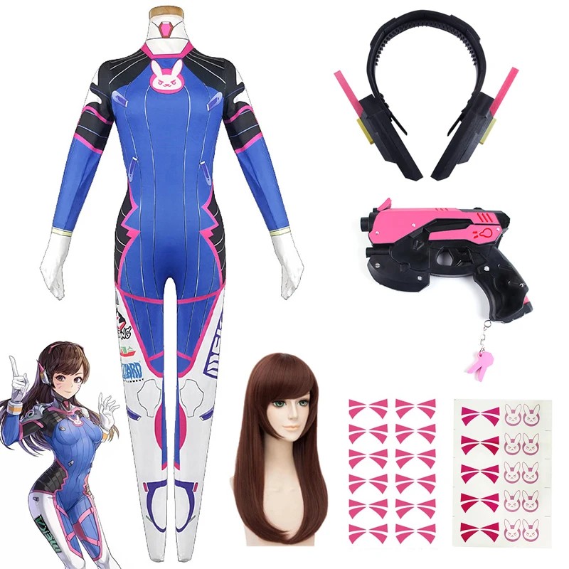 Game Overwatch Dva Cosplay Costumes Tights Jumuit Wig Headphone Gun Cosplay Pro Tattoo Suit Woman