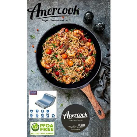 Amercook Wok Pan with Glass Lid - Xylan 2 Layers Black Non Stick Woode