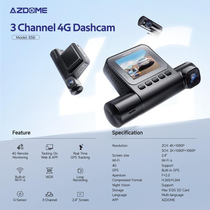 Azdome S58 3 Camera 4G Dashcam 3 Kamera Dash Cam GPS Tracker