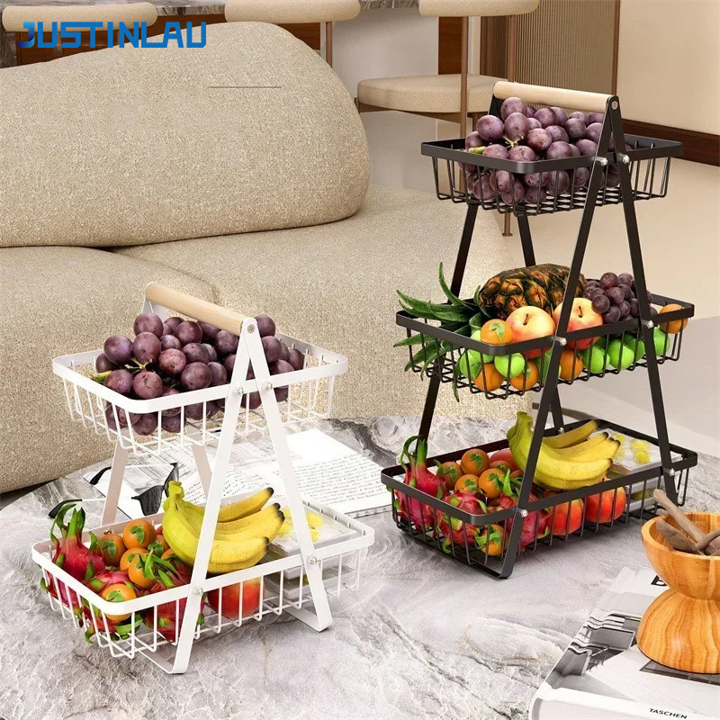 JUSTINLAU 2/3Tier Countertop Fruit Basket Detachable Fruits vegetables Storage Rack Metal Basket