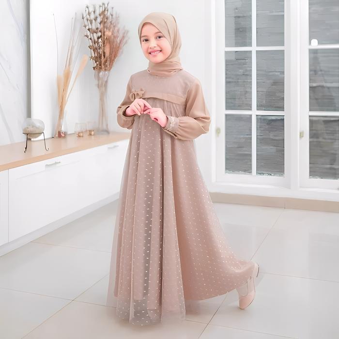 Gamis Anak Model Terbaru 2026 Crinkle Airflow Mix Tile Dot Usia 6-13 Tahun Baju Dress Muslim Brukat
