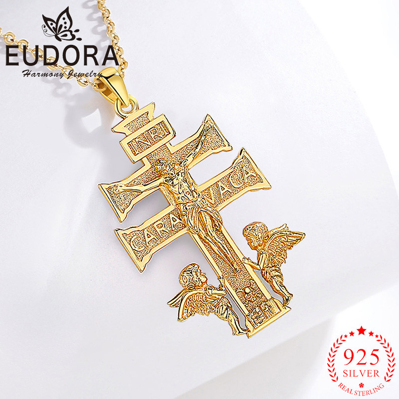 Eudora 925 Sterling Silver Jesus Caravaca Cross Necklace 18K Gold Angel Pendant Amulet Religious
