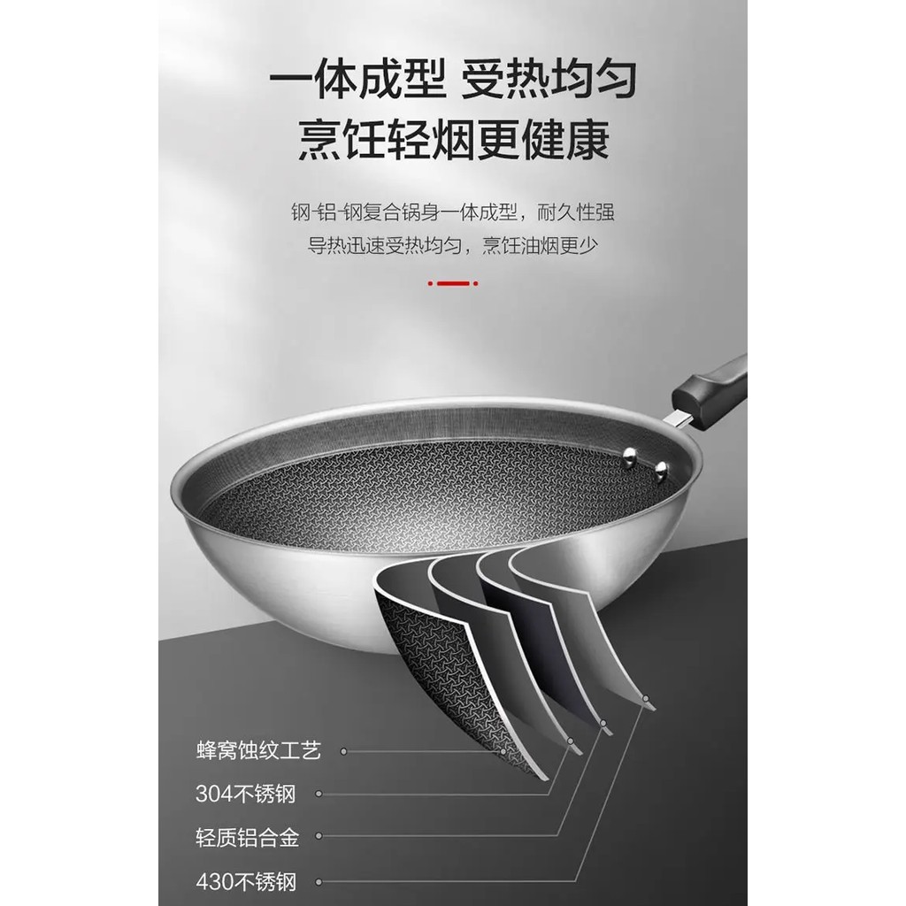 Stainless steel stir fry pan, non stick pan, household stir fry pan, flat bottomed pan, gas electric