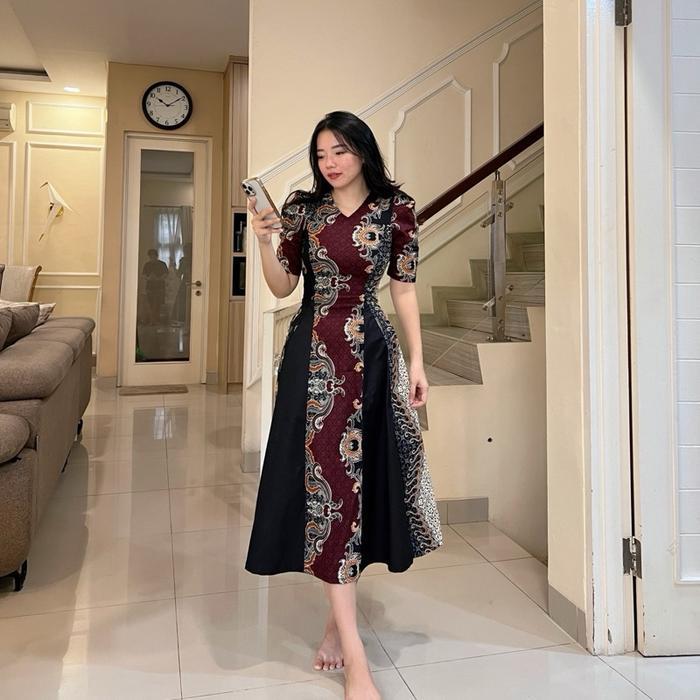 Herfit Alifah Dress Batik Midi Kombinasi Katun Strecth ( Dress Batik Pendek ) Pasti Promo