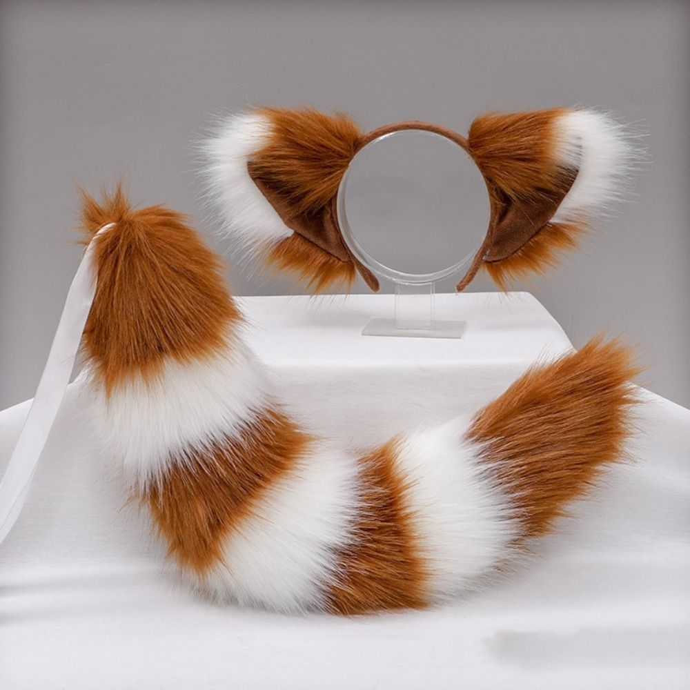 Cat Ear Plush Cat Tail and Ears Set Cat Tail Adjustable Halloween Cosplay Accessories Plush