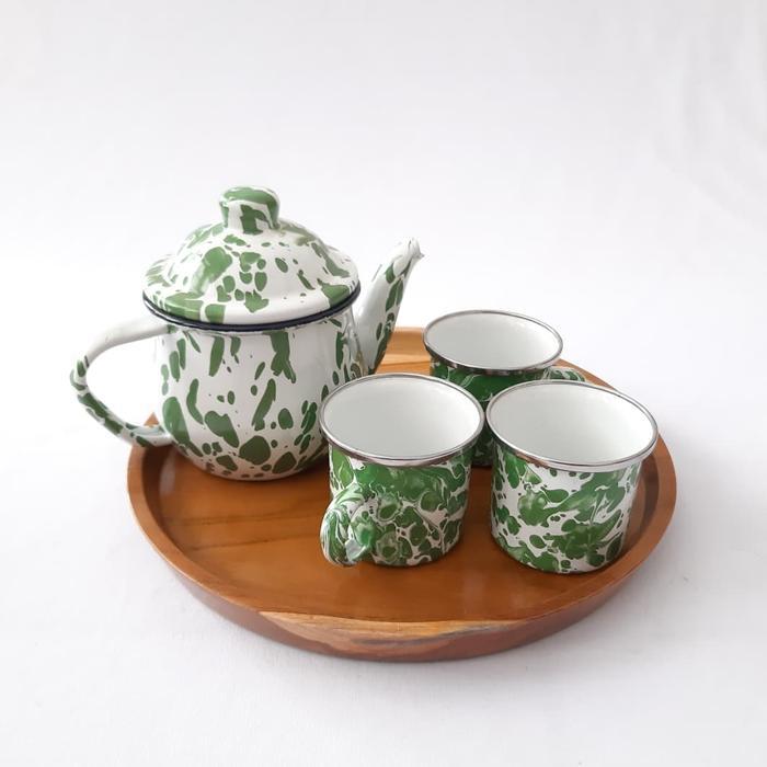 Set Teko Cebol + 3 Cangkir Mug Enamel Blurik dan Nampan Kayu Jati
