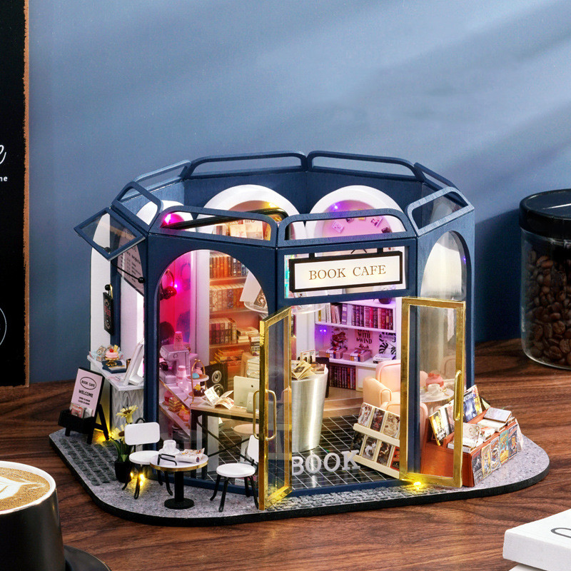 DIY Casa Wooden Dollhouse Kit Miniature with Furniture Book Cafe Shop Cottage Doll House Toys for