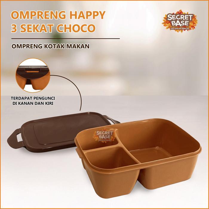 OMPRENG HAPPY 3 SEKAT CHOCO - Ompreng Kotak Makan / Kotak Bekal / Lunch box Sekat