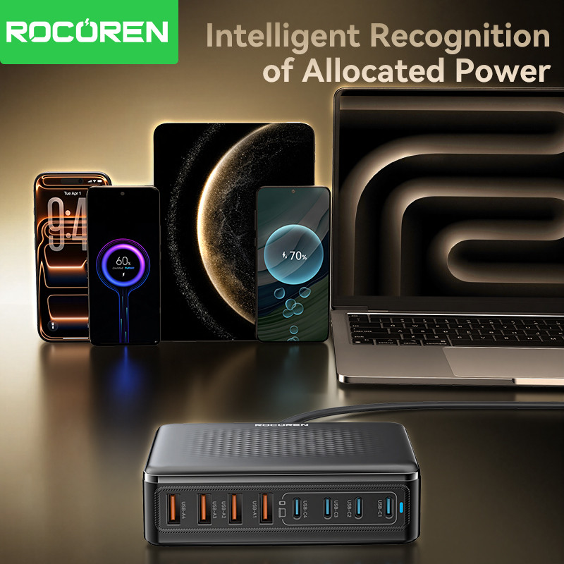 Rocoren 200W GaN Charger 8 in 1 Desktop Fast Charging For iPhone 17 Pro Xiaomi Samsung USB Type C