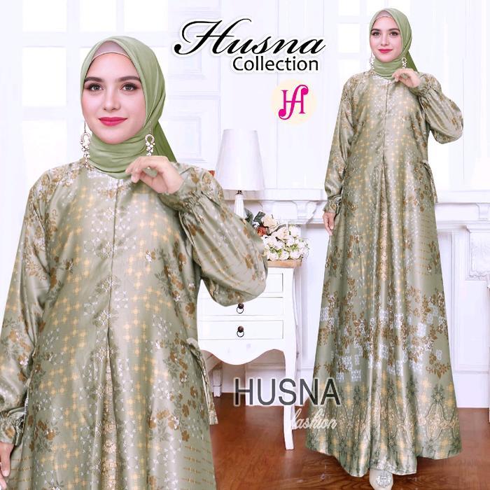 zeni (COD) Husna Dress Gamis Maxmara Silky Premium Motif Salsa- Dress Resleting Busui - Pakaian