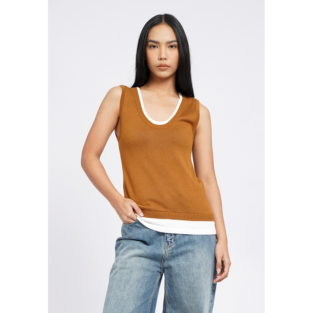 Executive Layered Scoop Neck Tank Top Tobacco