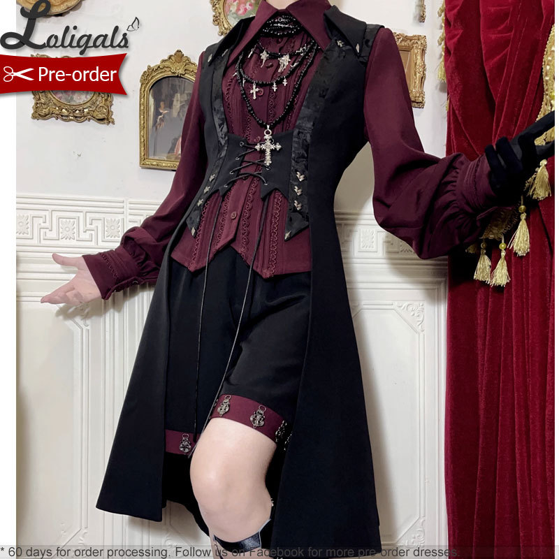 Retro Gothic Ouji Lolita Long Vest / Medieval Straight Shorts / Wine Red Shirt ~Red And Black 4.0 By