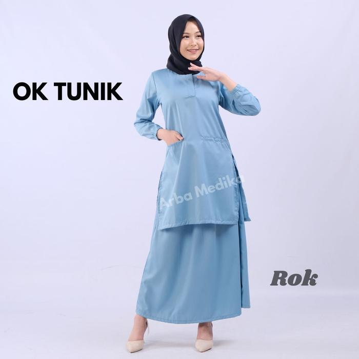 Baju Ok Tunik Rok Pakaian Seragam klinik Dokter Perawat Lengan Panjang Karet Bahan Toyobo Wanita