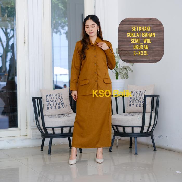 Khaki Wanita Kerah Rebah Saku Bawah Model Rok Span Terbaru Bahan Semiwool / Baju Pemda / Baju Guru /