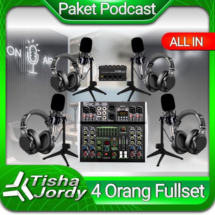 paket podcast 4 orang 4 mic, stand, soundcard mixer - C