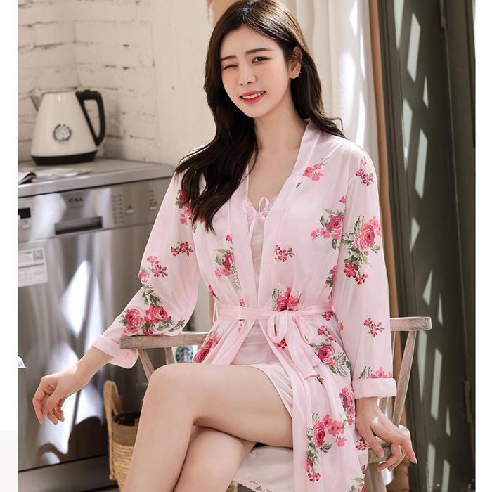 [ Racun Lingerie ] Set Kimono Dress Lingerie 2In1 Piyama Nightwear Wanita Dewasa Motif Flower Mewah