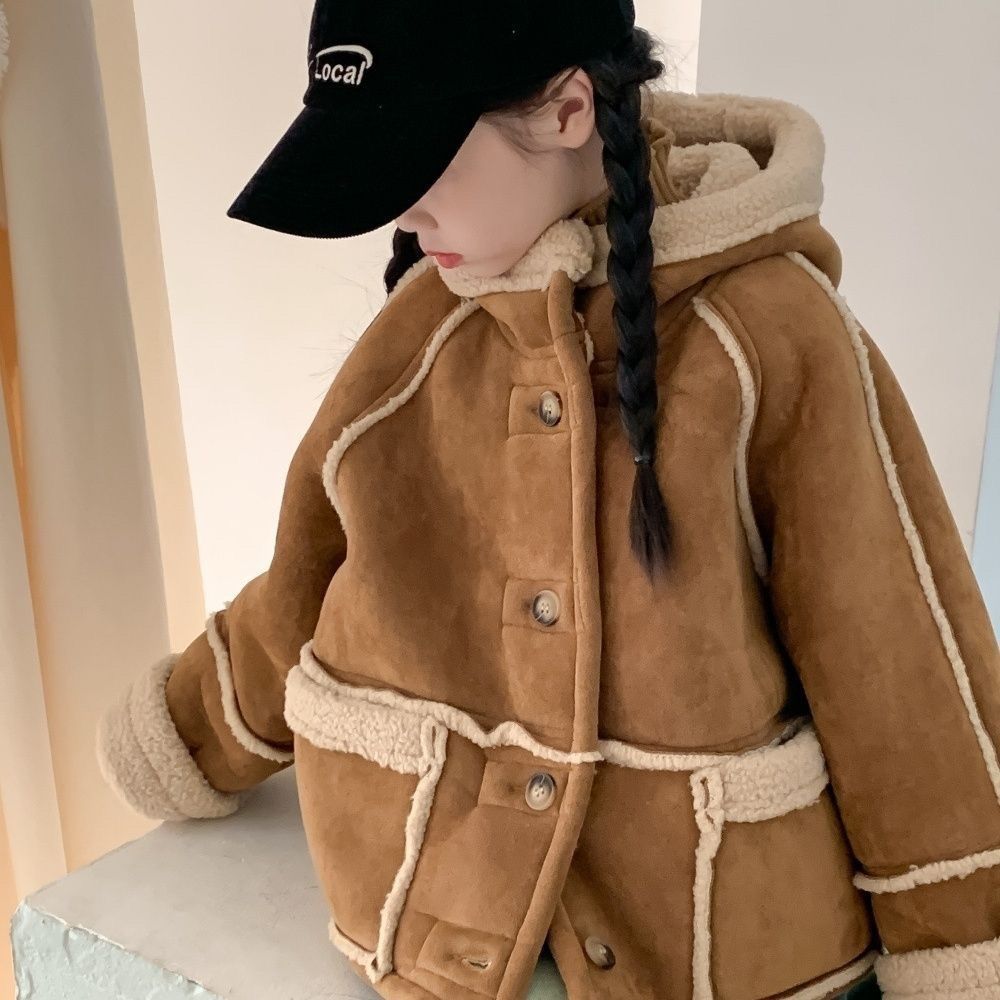 2025 Girls Sherpa-Lined Jacket Winter Fleece-Lined Korean Fashion Casual Hooded Coat with Faux Fur