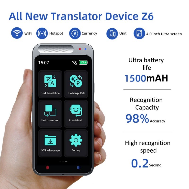 Z6 Language Translator Device 138 National Languages Intelligent Translator Real-time Voice, Recordi