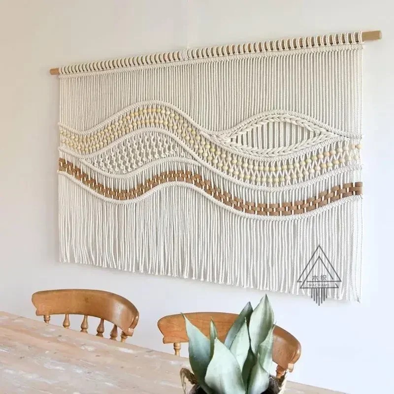Living Room Sofa Bed Decorat Tapestry Handwoven Wooden Bead Wave Wall Decoration Room Partition