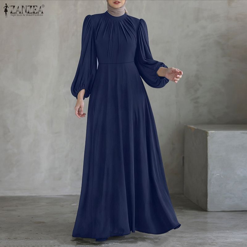 2025 ZANZEA Fashion Women Long Lantern Sleeve Muslim Dress Abaya High Waist Pleated Party Dress