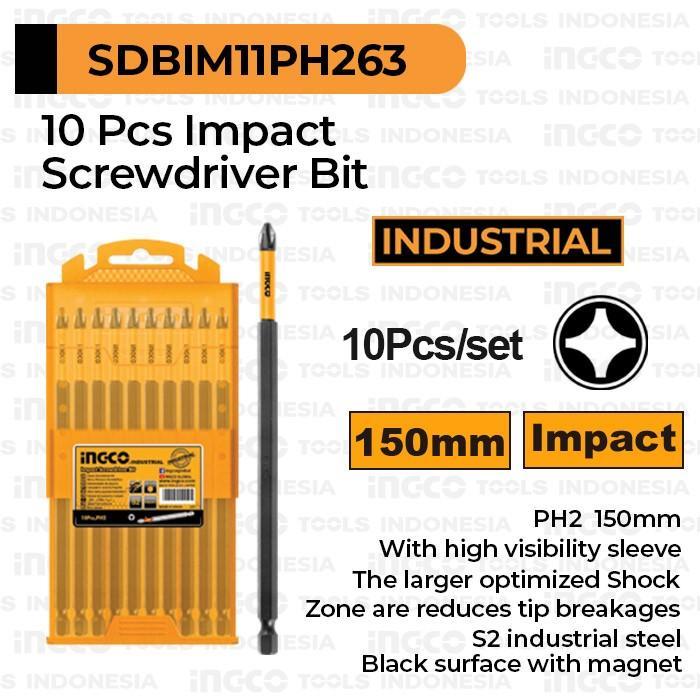 v 10-Pcs Impact Screwdriver Bit (PH2 150mm) INGCO SDBIM11PH263 Mata Obeng Plus Panjang Magnet