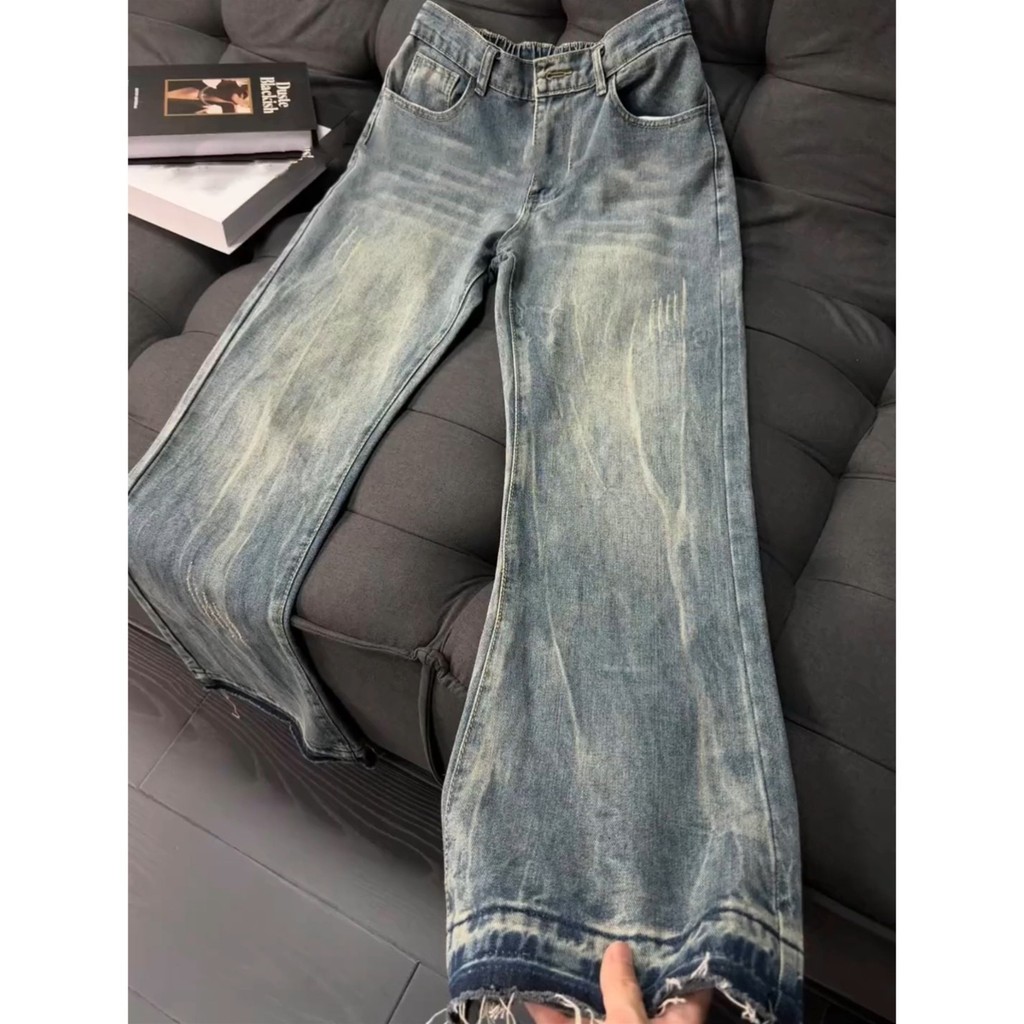Retro American Cat Scratch Denim Jeans Men's CleanFit Slim High Street Micro Flare Long Pants