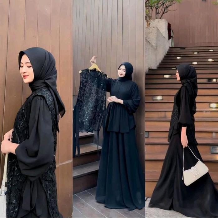 Syania Set Brukat Gaun Pesta Mewah Elegan Wanita Kekinian Acara Wisuda Lebaran 2025 Baju Ceruty