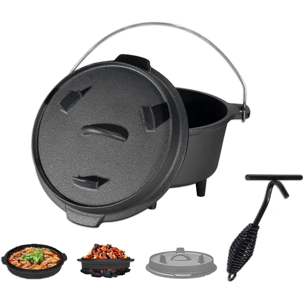 Outdoor Dutch Oven Set Cast Iron Cooking Pot with Lid Lifter Camping BBQ Grill BBQ 2-in-1 Dutch Oven