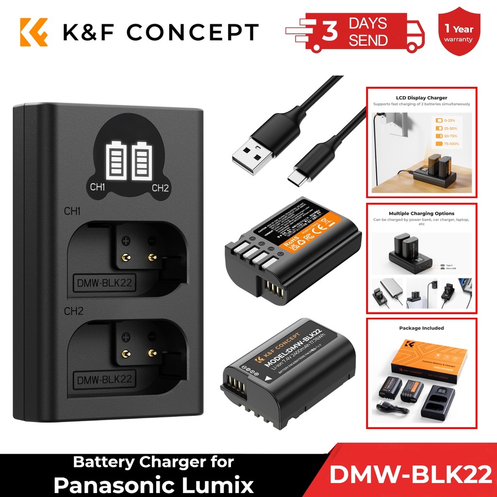 JUAL  K&F Concept 2 Pack DMW-BLK22 Battery and Dual Slot Charger Set with LCD Screen for Panasonic L