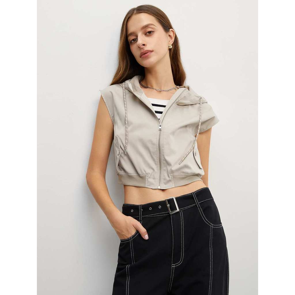 Pomelo. - Cropped Sleeveless Hoodie Jacket  - Beige