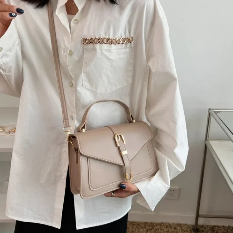 Fashionable Minimalist Crossbody Bag with Top Handle and Flap for Women Solid Color Square Purse