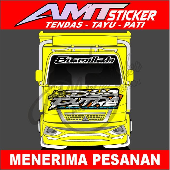 Stiker Decal Kabin dan Cut Kaca Depan Truk Canter Tulisan Bismillah dan Dua Putra Bisa Bebas Desain