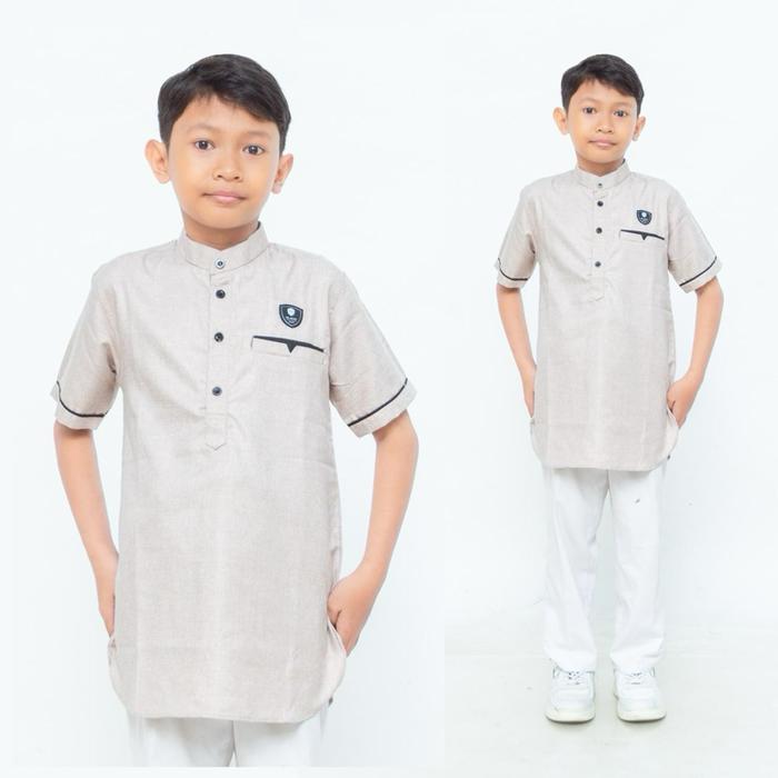 Baju Koko Kurta Anak Usia 1-14 Tahun Model Kombinasi Strip Hitam Kerah Mandarin Lengan Pendek Agamis