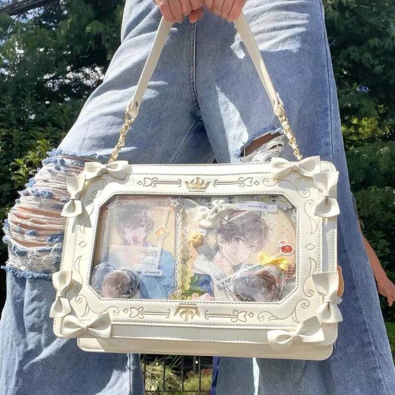 Bowknot Decor Y2k Lolita Itabag Girl Transparent Pocket Harajuku Pain Handbag Chain Japanese
