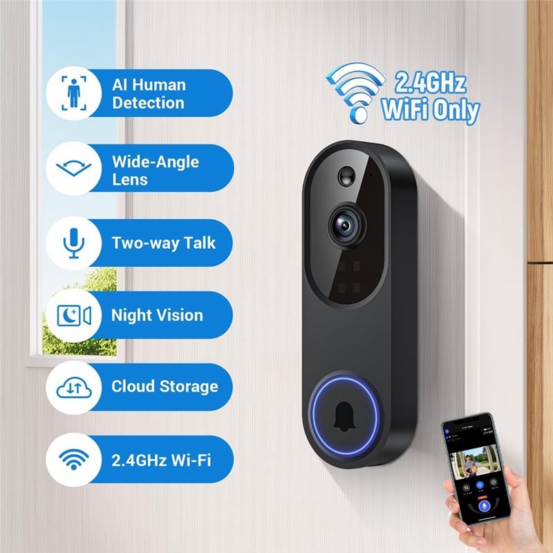 NECESSITYAI Human/Motion Detection Wireless Video Doorbell Camera, 2 Way Talk, Cloud Storage,