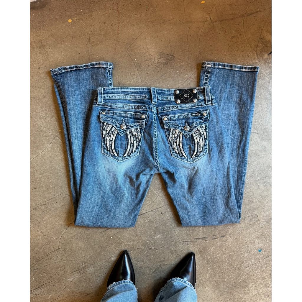 Y2K New Retro Miss Me Boots Tailored Women's Blue Jeans Embroidered Rhinestone Wing Pocket Hip Hop