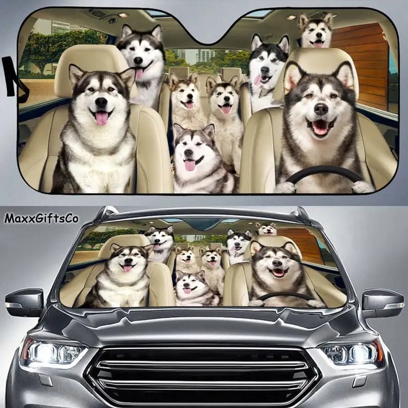 Alaskan Malamute Car Sun Shade, Alaskan Malamute Windshield, Dogs Family Sunshade, Dogs Car Accessor