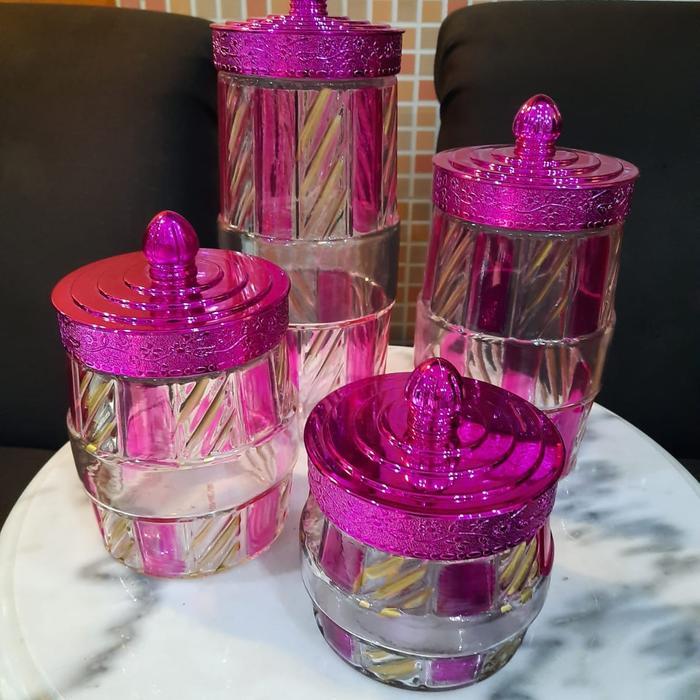 Stok Baru Toples Kaca Set 4 Geneva Motif Bar - Pink