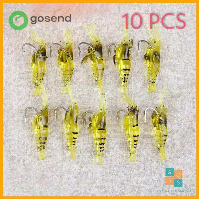 10 Pcs Umpan Pancing Udang Tiruan Bahan Lembut Dengan Kail Tajam Murah