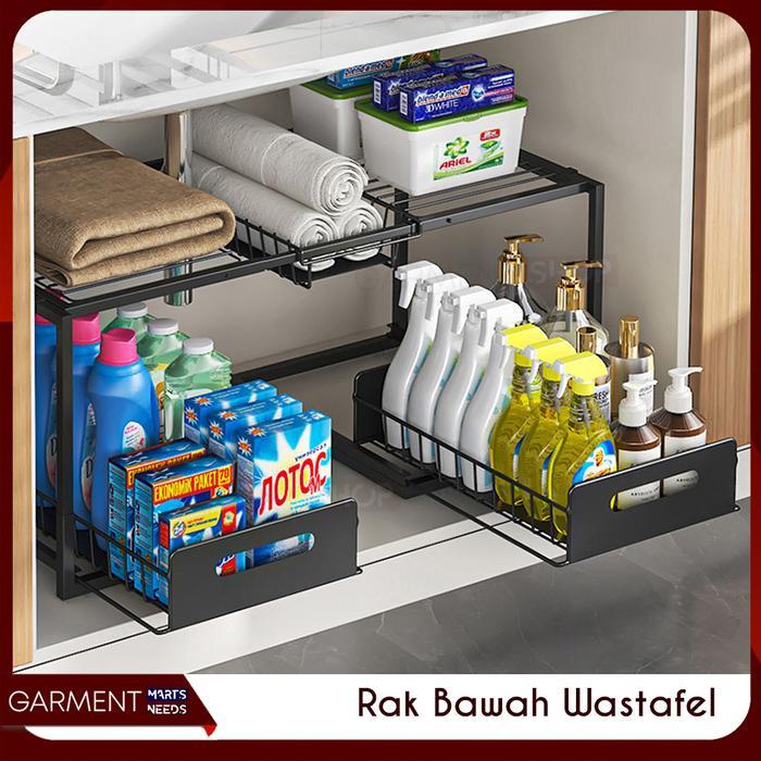 Terbaru Rak Bawah Wastafel Dapur Kamar Mandi 2 Tingkat Sliding Laci Penyimpan Sabun Bumbu