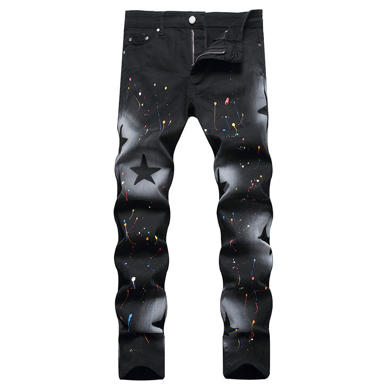 2024 Autumn New Mens Fashion Black Jeans Spray Painting Slim Straight Jeans High Quality Jean Homme
