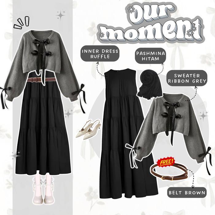 TERLARIS One Set Korean Style Outfit Remaja (Sweater Ribbon Pita, Hijab, Inner Dress Ruffle)