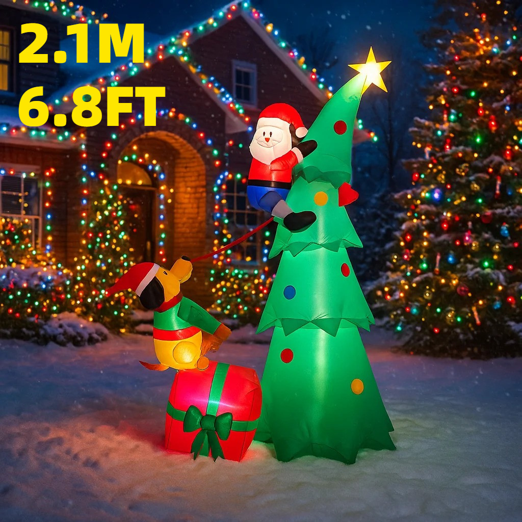 2.1M/6.8FT Inflatable Santa Claus Climbing Tree with Dog Lights LED Home Decorations Toys Yard Xmas