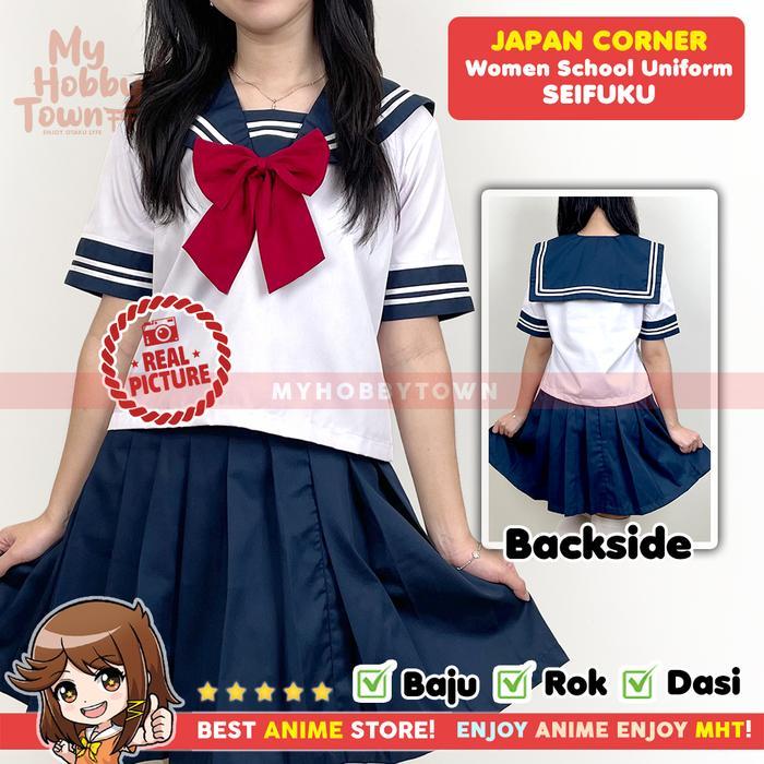 Seifuku Seragam Sekolah Jepang Putih - Biru - Dasi Merah Rok Pendek