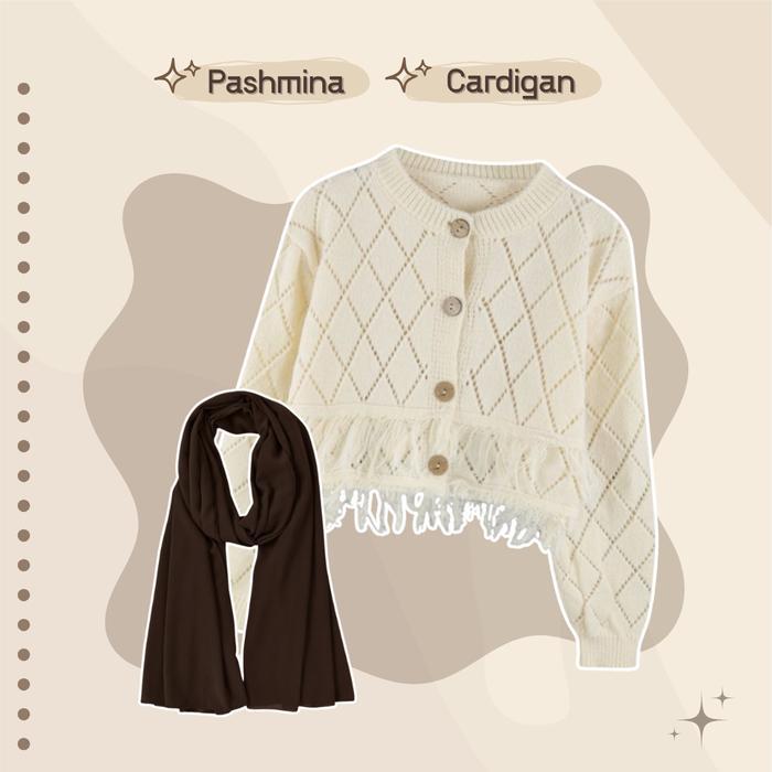 One Set Elegant Outfit ( Baju Cardigan Crop Tops + Rok Susun Korean Style + Pashmina Ceruti) One Set