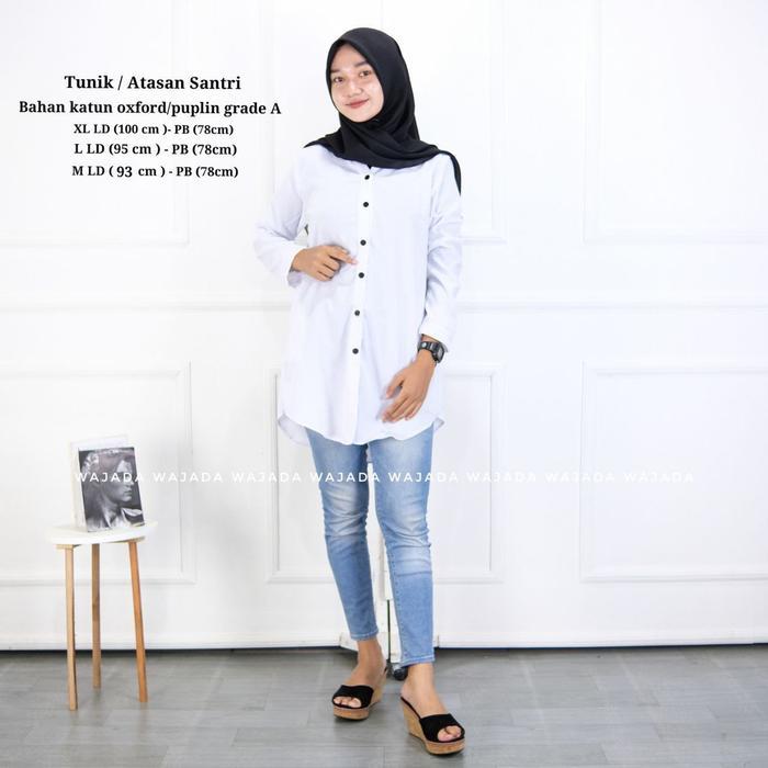 Tunik Santriwati Motif Polos Warna Putih - Atasan Wanita Polos Lengan Panjang - Kemeja Wanita Katun