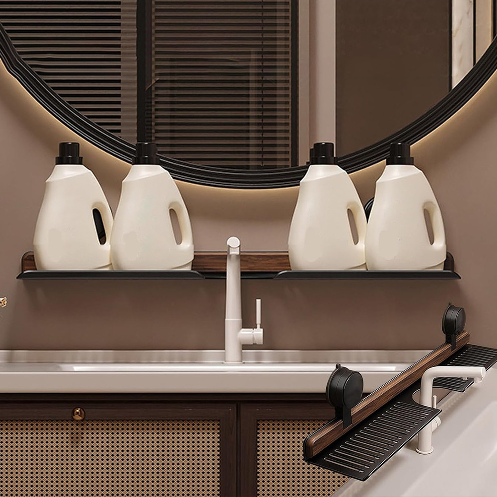 Walnut Suction Cup Bathroom Shelf No Drilling Faucet Organizer Rack Over Faucet Sink Rack Bathroom