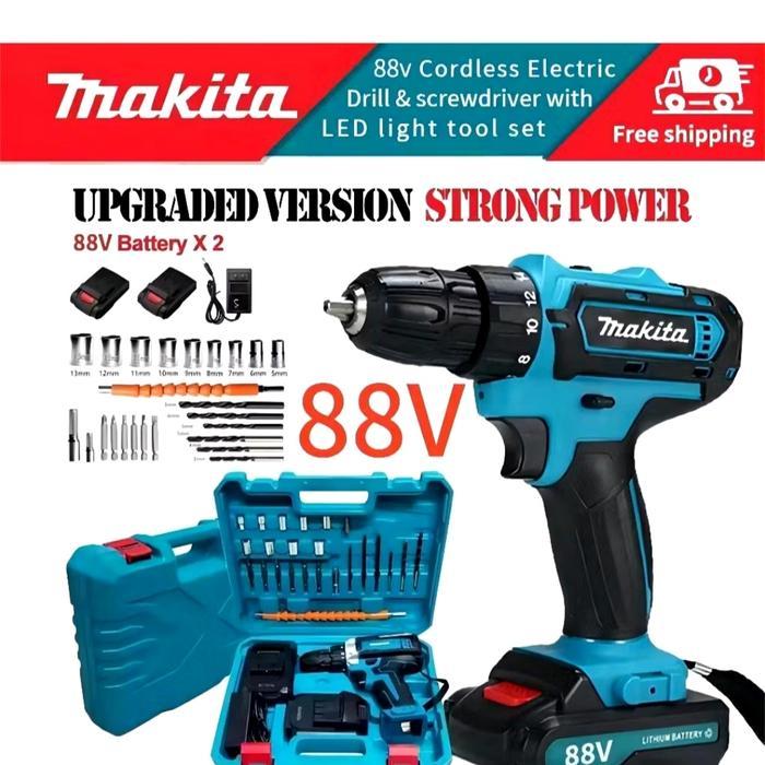 Mesin Bor Makita 88V Cordless Hand Drill 2 Baterai Bor Kayu Besi Tembok